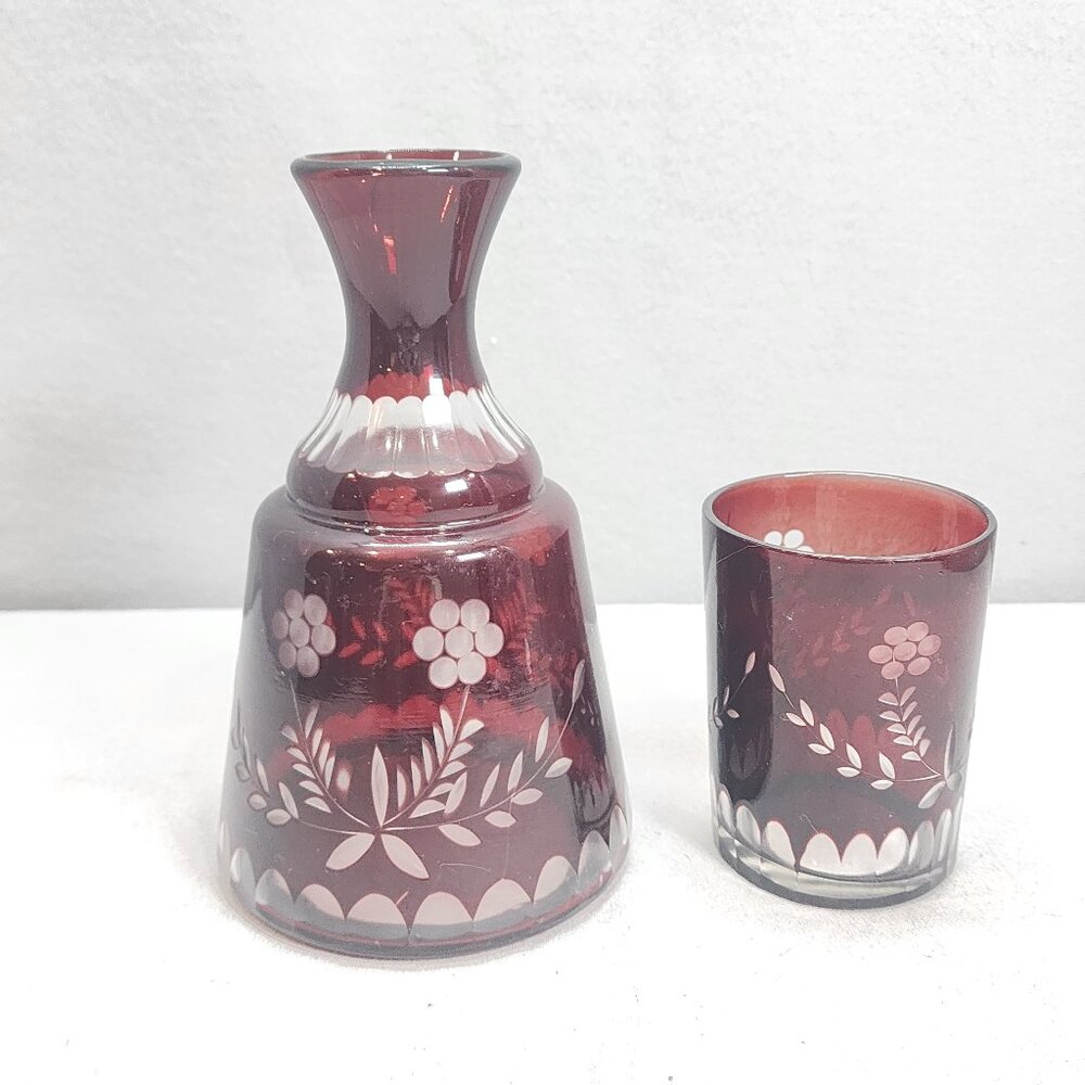 Vintage Ruby Red Bohemian‎ Glass Carafe & Cup Set – Hand Etched Floral Design